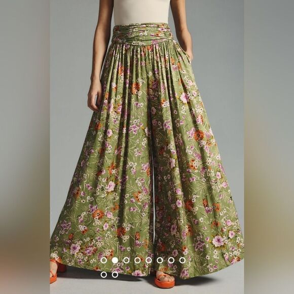 Anthropologie Wide-Leg Floral Pants In Olive Green Size 6 Tall NWT - Picture 2 of 11